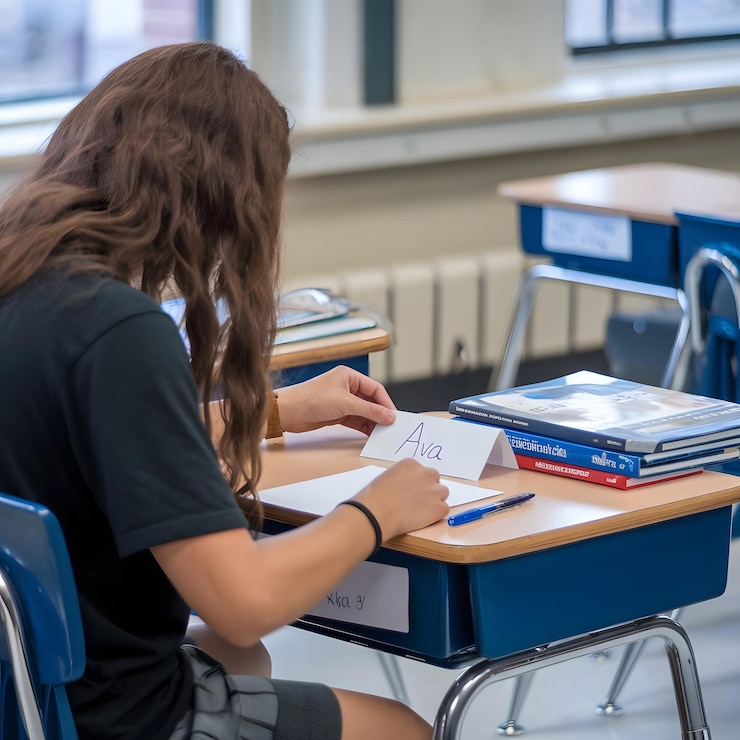 una chica se sienta en un escritorio con un libro titulado la letra r