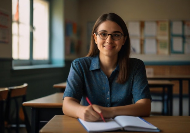 una chica se sienta en un escritorio con una pluma en la mano