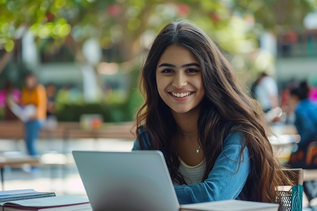 una chica se sienta en una mesa con una computadora portátil y está sonriendo