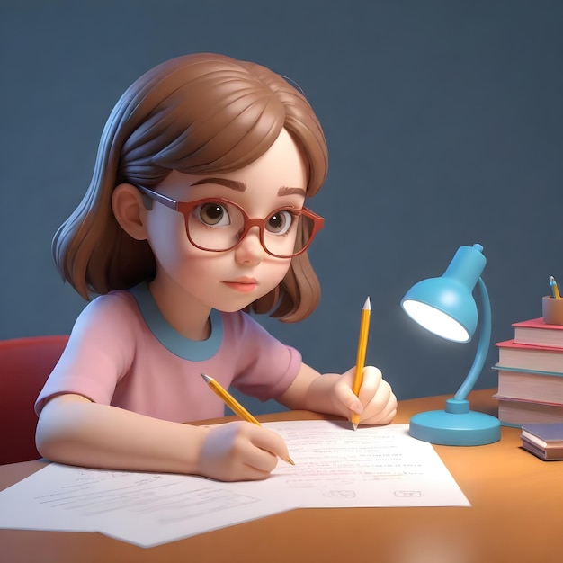 una chica se sienta en una mesa con un lápiz y una lámpara