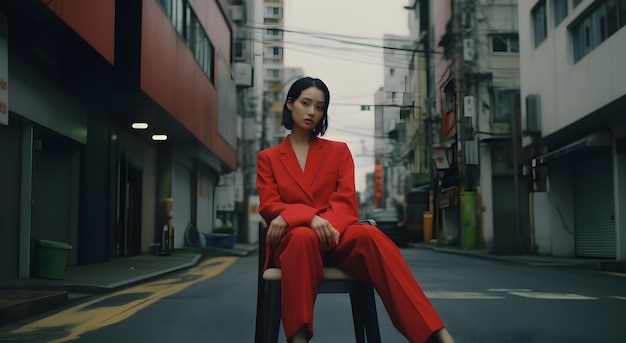 Foto una chica se sienta en las rocas cerca de un edificio rojo en el estilo de normcore