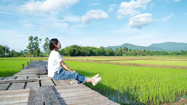 Chica Siéntese en una pasarela de madera, vea la naturaleza, las montañas, los campos de arroz, el aire fresco y el sol de la mañana