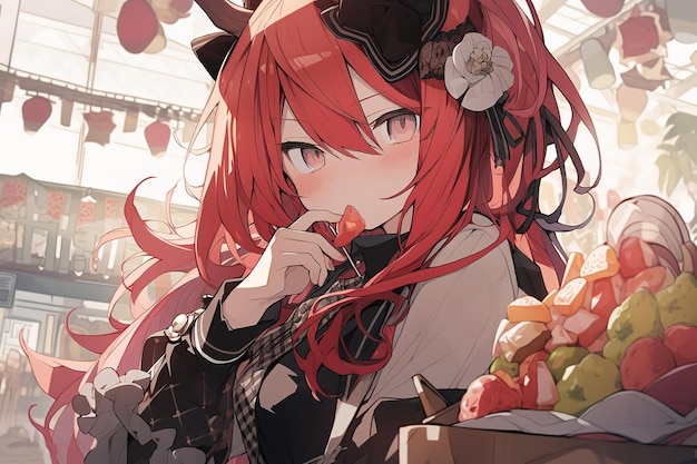 Una chica simpática y avergonzada con el cabello rojo al estilo de anime sabe la comida callejera generada por AI