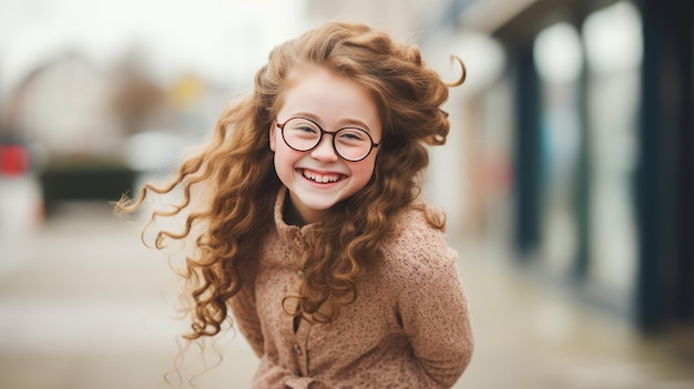 Chica con síndrome de Down con ropa y gafas informales. Es una persona positiva y segura que sonríe.