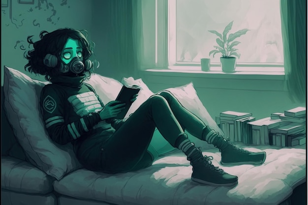 Chica en el sofá con el libro Una chica con una máscara de gas acostada en el sofá leyendo un libro en su habitación Pintura de ilustración de estilo de arte digital