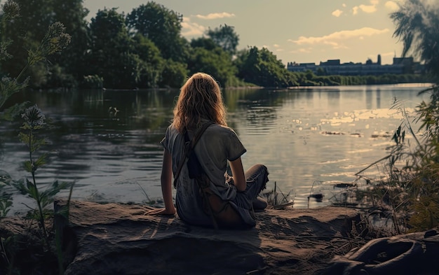 Chica solitaria junto a la orilla del río