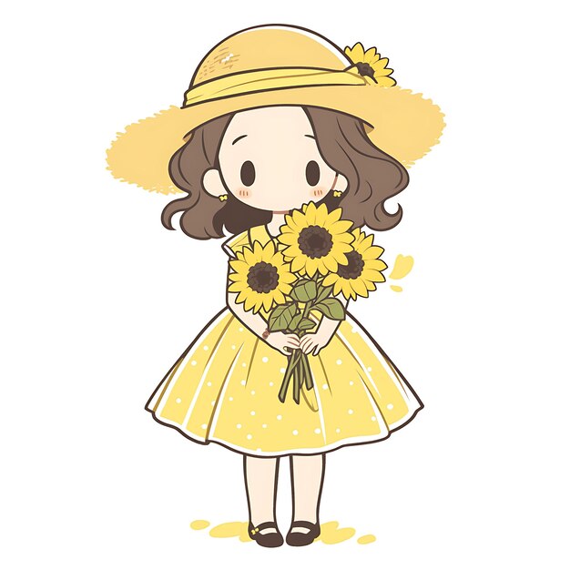 una chica con un sombrero amarillo y un vestido amarillo con un girasol en la mano