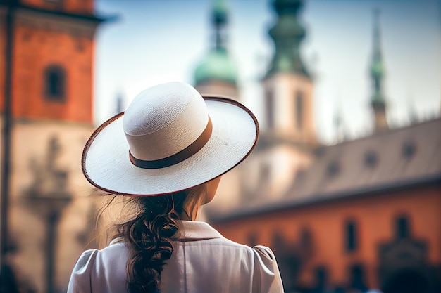 Chica con sombrero blanco admira Cracovia Polonia IA generativa IA generativa
