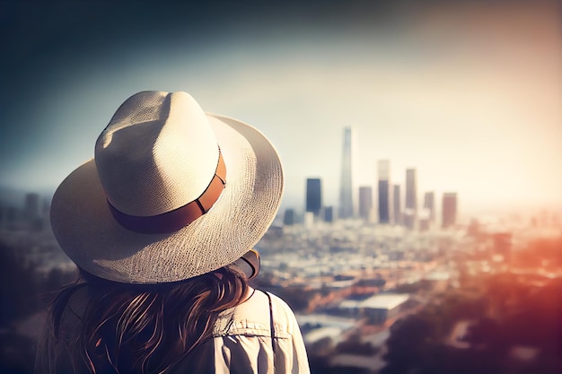 Chica con sombrero blanco admira Los Ángeles