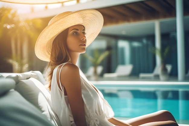 Foto una chica con un sombrero de borde ancho se sienta cerca de la piscina