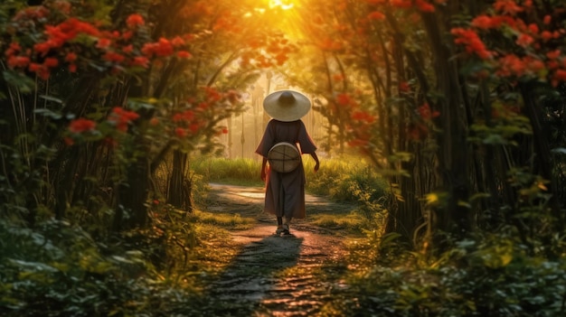 Chica con sombrero caminando en el bosque bajo el sol idea de meditación y caminatas en el bosque una práctica de relajación japonesa conocida como shinrinyoku forma de estar en silencio entre los árboles generados por IA