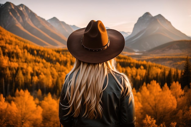 Chica con sombrero y chaqueta de cuero en el fondo de la vista trasera de las montañas AI generativa