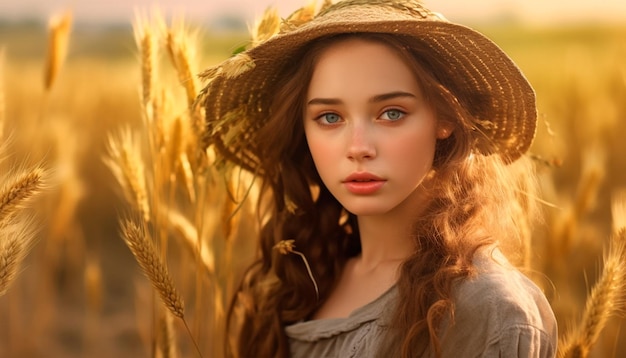 Una chica con sombrero se encuentra en un campo de trigo.