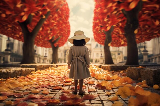 una chica con sombrero se encuentra en un parque con hojas caídas.