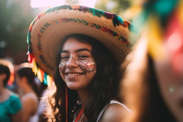 Una chica con un sombrero mexicano sonríe a la cámara.