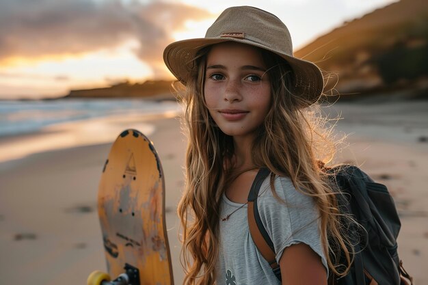 Foto una chica con un sombrero y una mochila está de pie en la playa