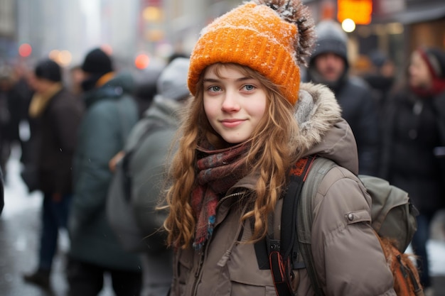 Una chica con un sombrero naranja.