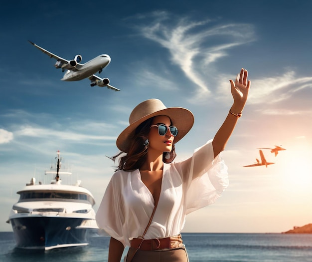 Una chica con un sombrero en la orilla saluda a un avión y un yate en el mar