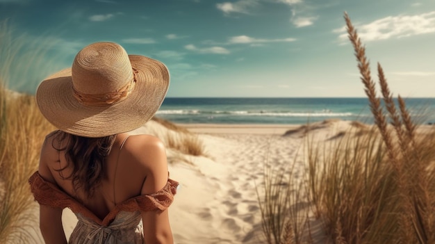 una chica con un sombrero de paja mira el océano