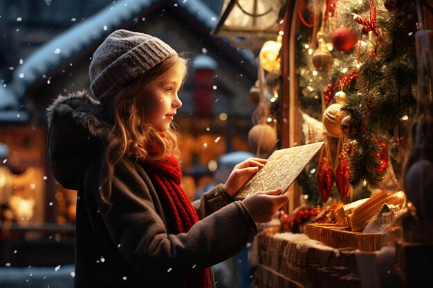 Foto chica con sombrero de punto eligiendo regalos decoraciones de árboles de navidad en el mercado navideño compras navideñas