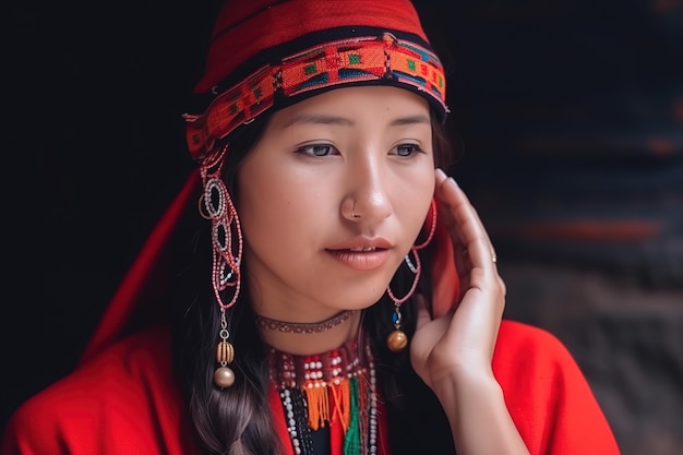 Una chica con un sombrero rojo está mirando a la cámara.