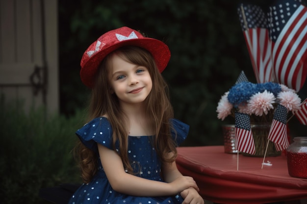 Una chica con un sombrero rojo se sienta en una mesa con una bandera americana al fondo.