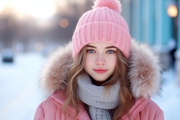 una chica con un sombrero rosa y una bufanda con un sombreiro rosa