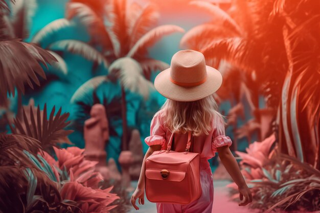 Una chica con un sombrero rosa camina por un paisaje tropical con fondo de palmeras