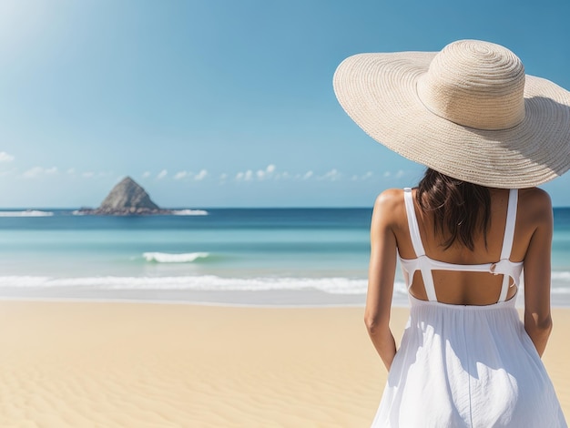 Chica con sombrero sentada en la vista trasera de la orilla del mar ai generativo