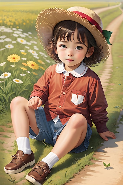 Una chica con sombrero se sienta en la hierba en un campo de flores.