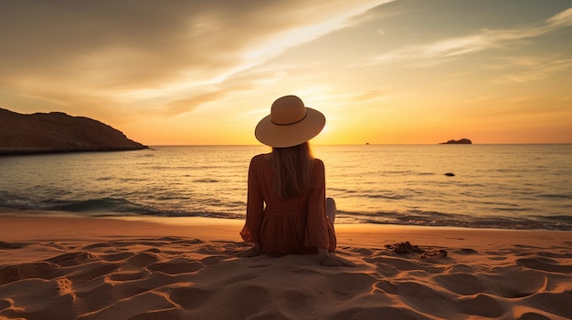 una chica con un sombrero se sienta en la playa al atardecer