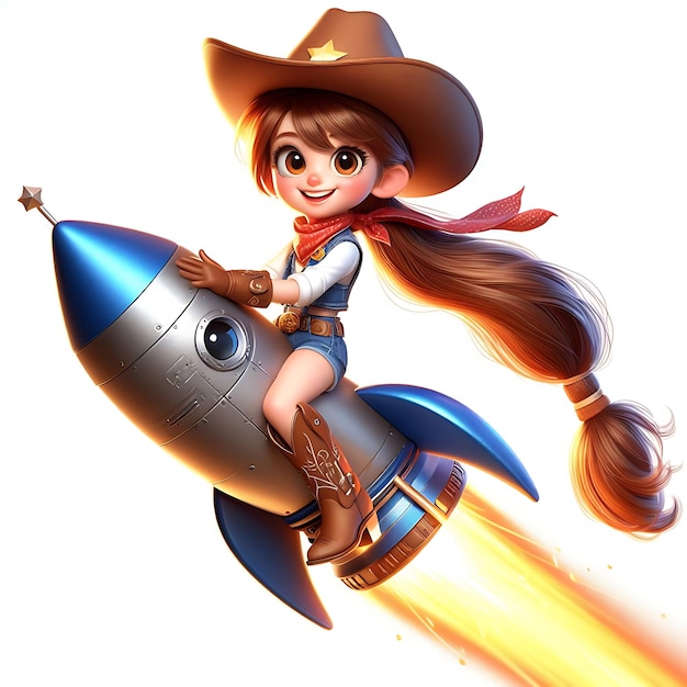 una chica con un sombrero de vaquero está montando un cohete