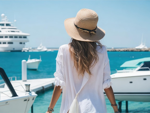 Chica con sombrero en un yate vista trasera ai generativo