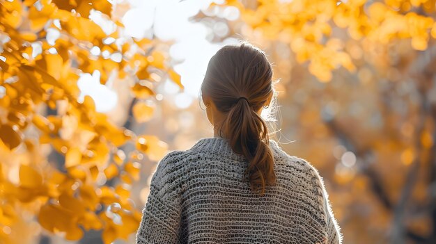 Foto una chica soñadora en un cálido cardigan de punto se encuentra en un parque de otoño dando la espalda a la ia generativa