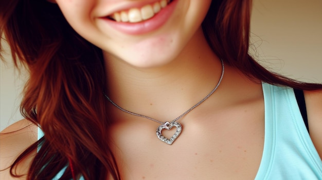 La chica sonríe con un hermoso collar de corazón