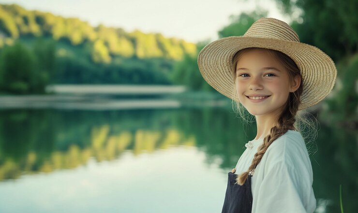 La chica sonríe junto al tranquilo lago, los árboles en el fondo, el verano.
