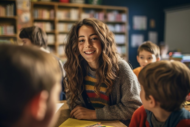 Una chica sonríe con sus estudiantes en un aula