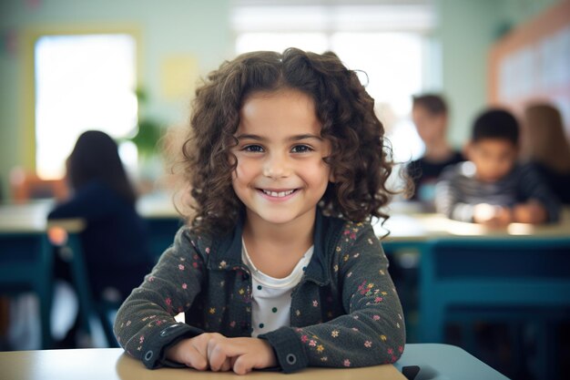 Una chica sonriendo a la cámara mientras estaba sentada en un salón de clases.