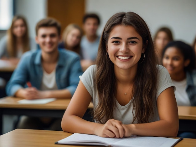 una chica sonriendo con un grupo de estudiantes en el fondo