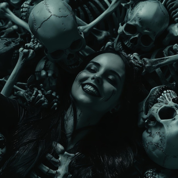 Foto una chica está sonriendo rodeada de huesos y cráneos ambiente oscuro