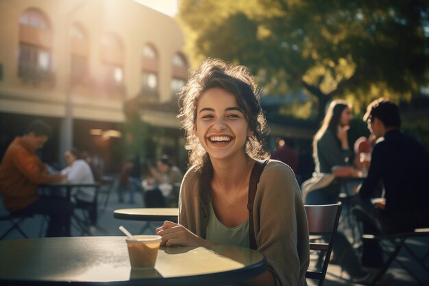 Foto chica sonriente de unos 30 años desayunando generativa por ai