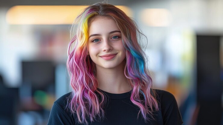 La chica sonriente con el cabello de colores