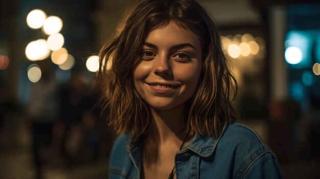 Una chica sonriente con el cabello marrón hasta los hombros de pie en una calle débilmente iluminada.