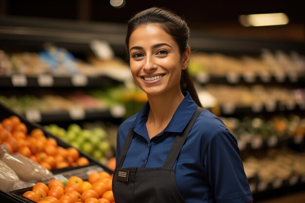 Una chica sonriente y feliz trabajando en el supermercado.