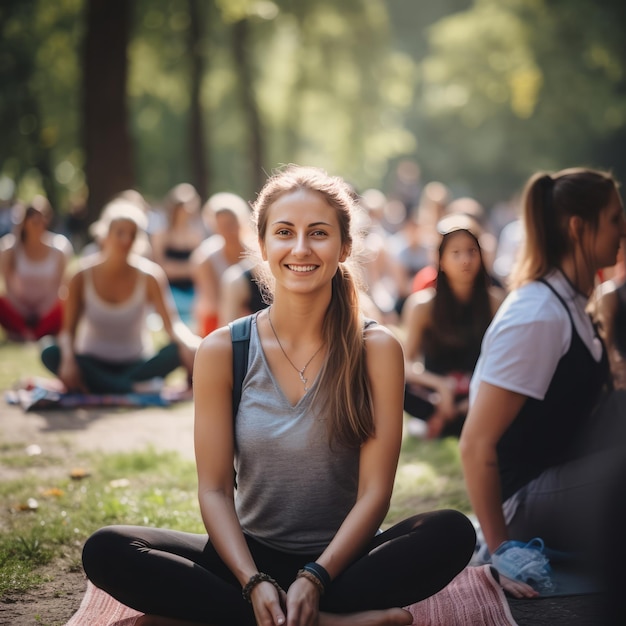 Una chica sonriente se para frente a un grupo de personas sonrientes sentadas en una pose de yoga.