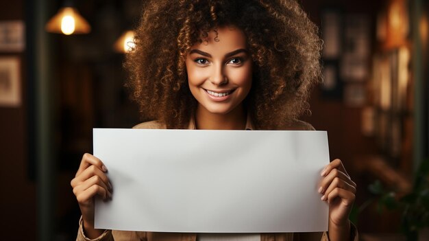 Foto una chica sonriente mostrando un papel vacío