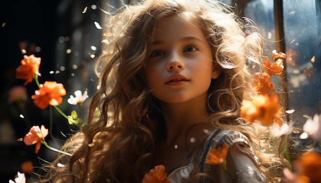 Chica sonriente en la naturaleza, disfrutando de la belleza del verano y la felicidad generada por la inteligencia artificial