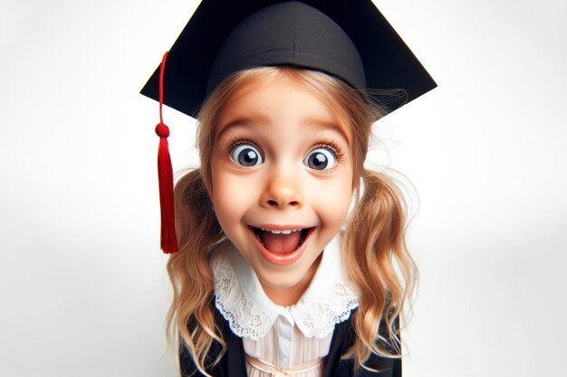 Foto chica sonriente con un pequeño sombrero de graduado sorprendido con ojos enormes disparo de gran ángulo ai generativo