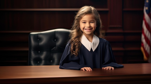 Una chica sonriente con la ropa del juez jefe 39.