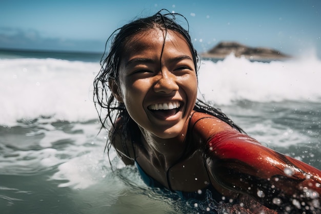 Chica sonriente surfeando las olas en una playa tropical y divirtiéndose
